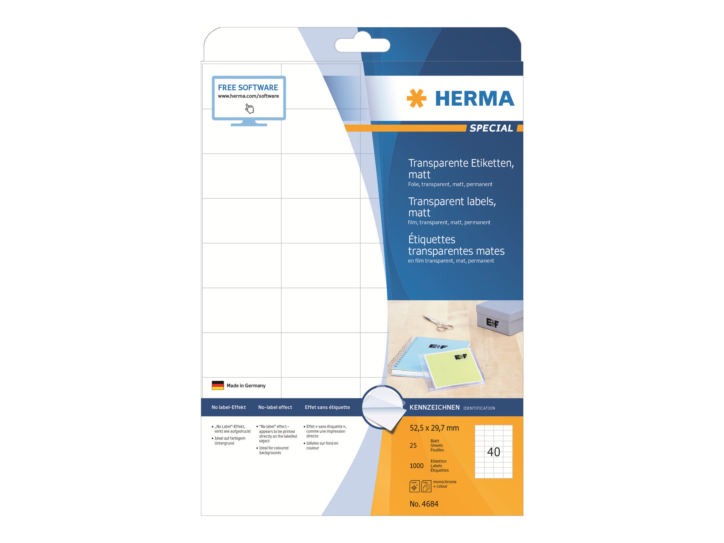 1.000 HERMA Folienetiketten 4684 transparent 52,5 x 29,7 mm 1.000 HERMA Folienetiketten 4684 transparent 52,5 x 29,7 mm
