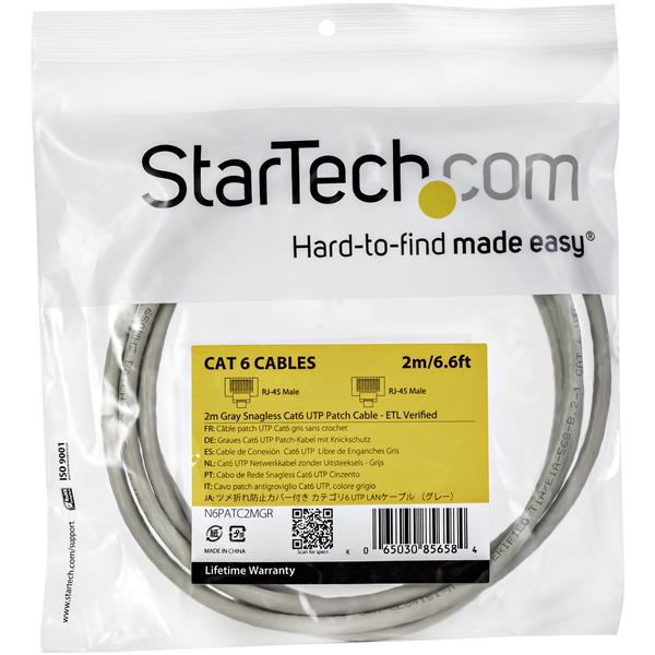 StarTech N6PATC2MGR 2m Gray Snagless Cat6 UTP Patch Cable ETL Verified