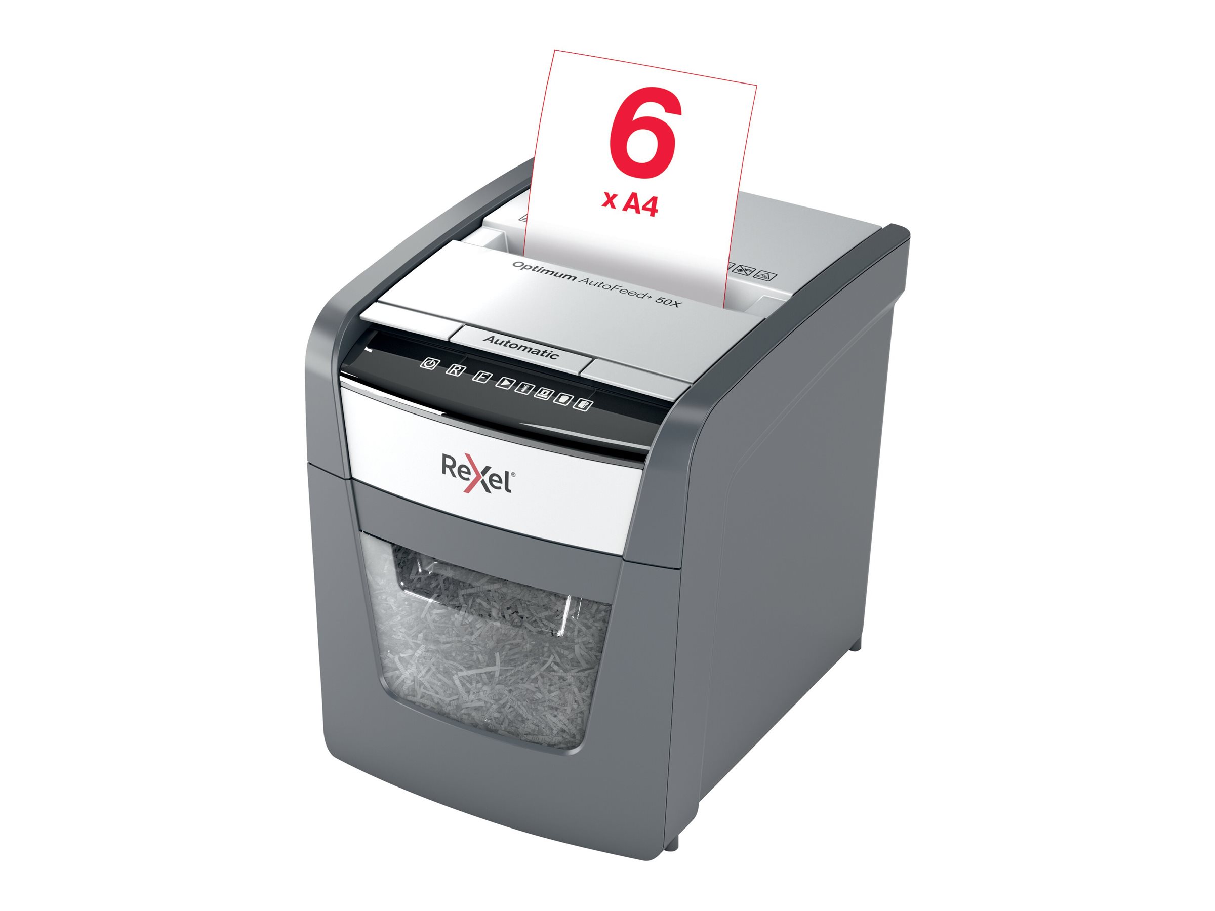 Rexel Optimum AutoFeed+ 50X Aktenvernichter mit Partikelschnitt P-4, 4 x 28 mm, bis 50 Blatt, schwarz Rexel Optimum AutoFeed+ 50X Aktenvernichter mit Partikelschnitt P-4, 4 x 28 mm, bis 50 Blatt, schwarz