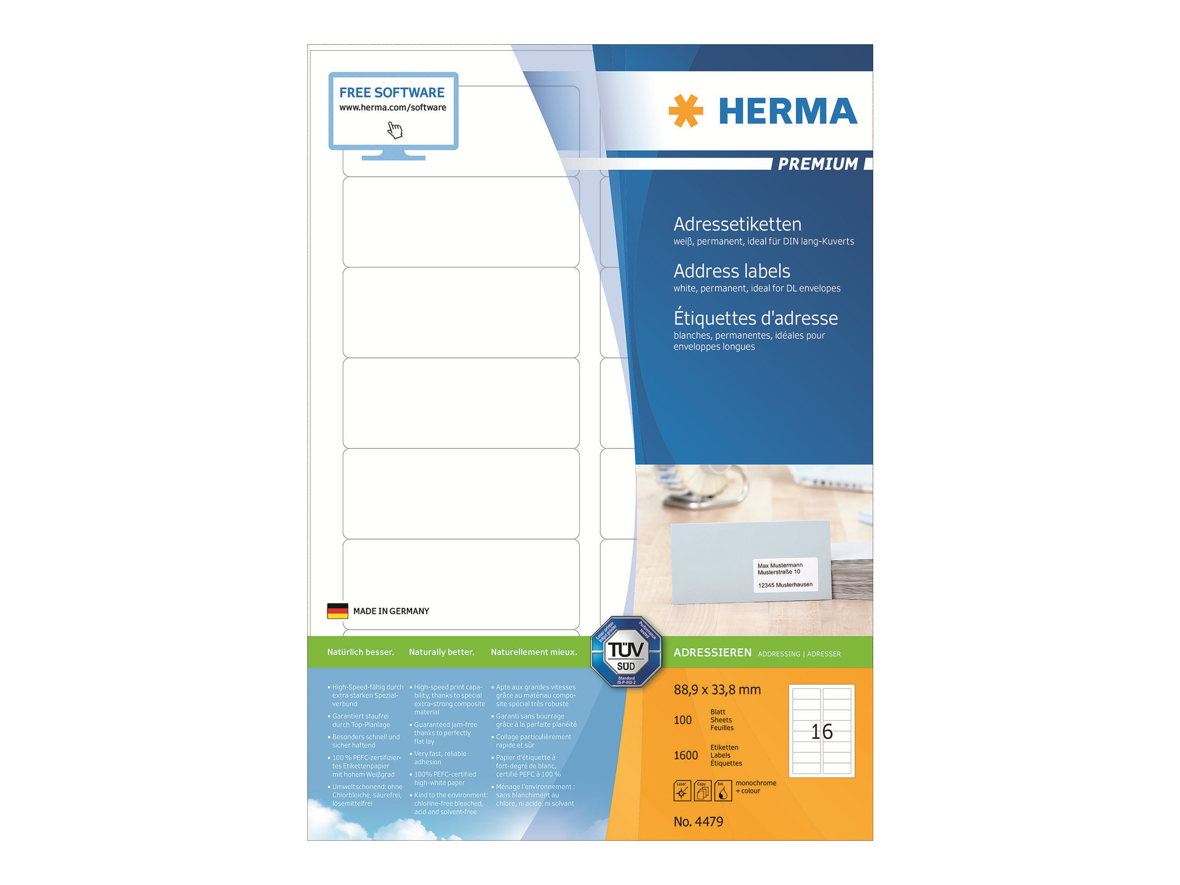 1.600 HERMA Etiketten 4479 weiÃ 88,9 x 33,8 mm