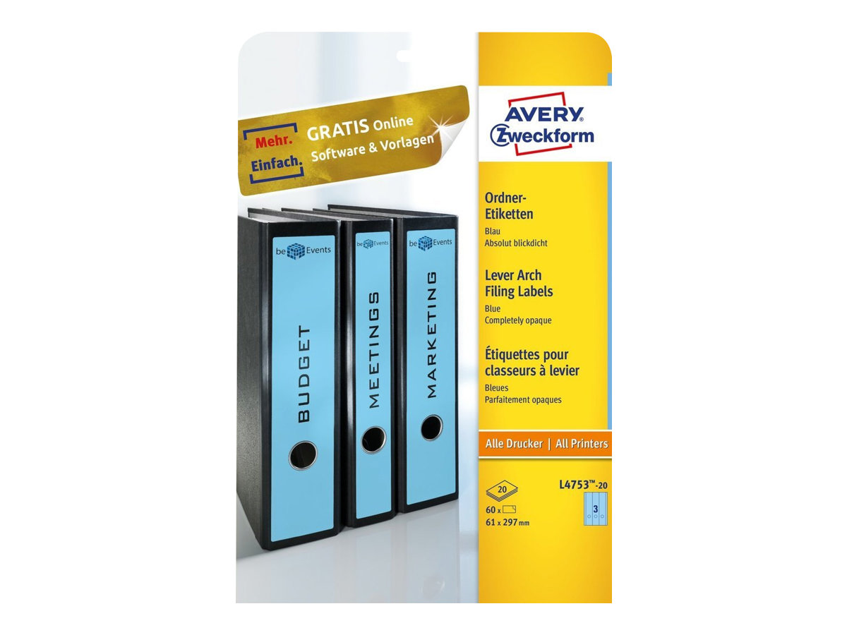 60 AVERY Zweckform Ordneretiketten L4753-20 blau 60 AVERY Zweckform Ordneretiketten L4753-20 blau