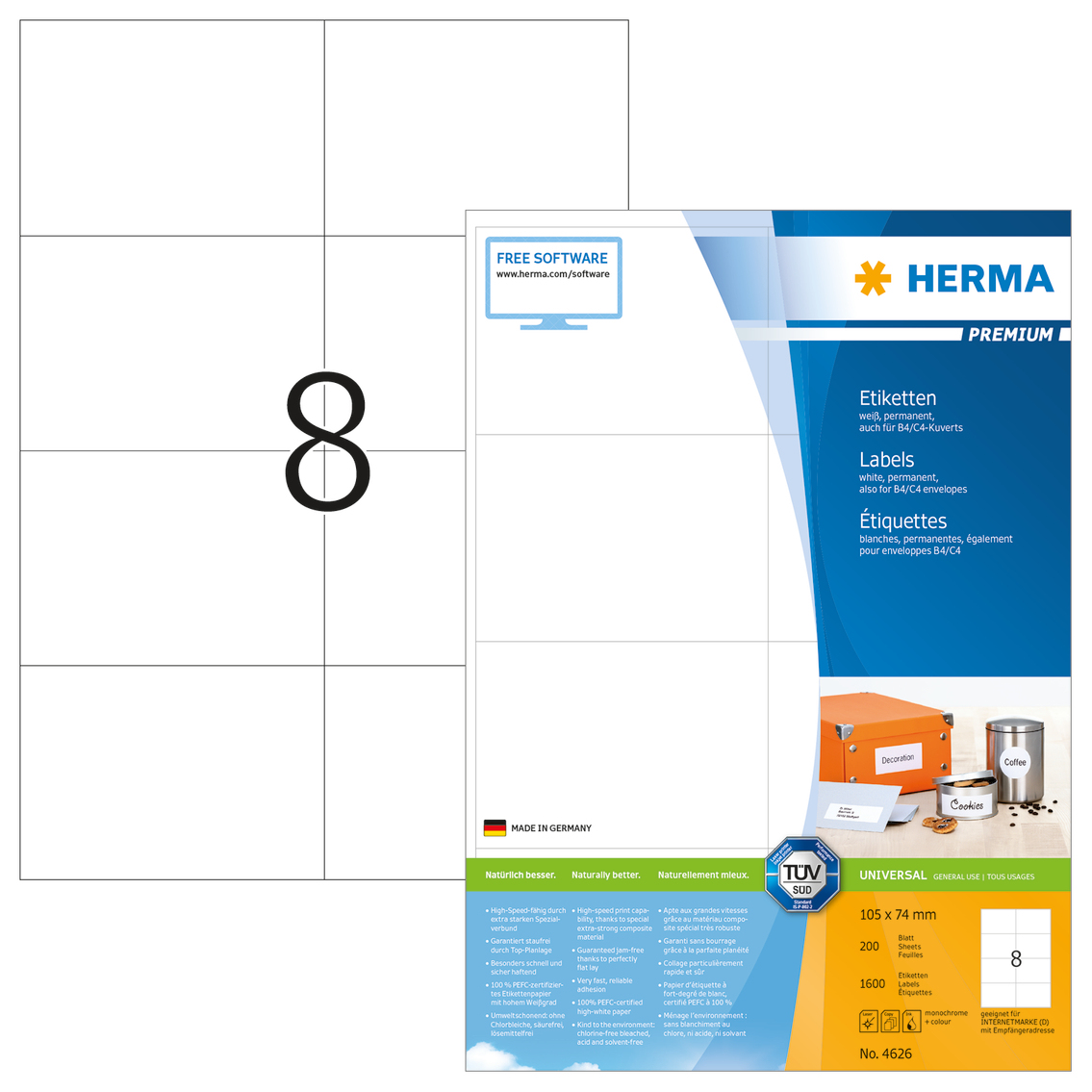 1.600 HERMA Etiketten 4626 weiÃ 105,0 x 74,0 mm