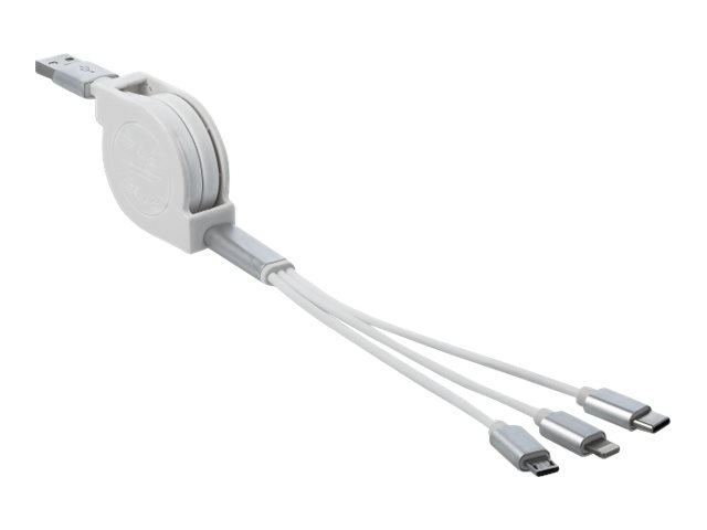 Delock USB 3 in 1 Aufrollladekabel fuer 8 Pin / Micro USB / USB Type-C weiss Delock USB 3 in 1 Aufrollladekabel fuer 8 Pin / Micro USB / USB Type-C weiss