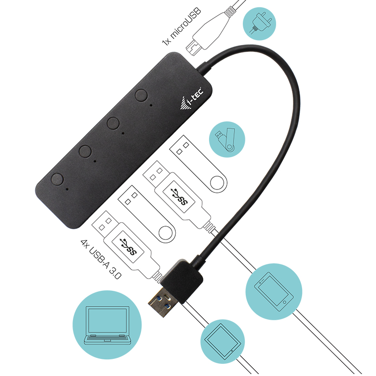 ITEC USB 30 Metal HUB 4 Port mit einzelnen Ein AusSchaltern 4x USB 30 Port mit Unterstuetzung fuer schnelles Aufladen BC 12