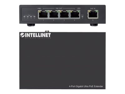 INTELLINET 4-Port Gigabit Ultra PoE-Extender Verlaengert PoE-Reichweite um 100m PoE-Strombudget 90W 4x PSE-Ports IEEE 802.3bt/at/af
