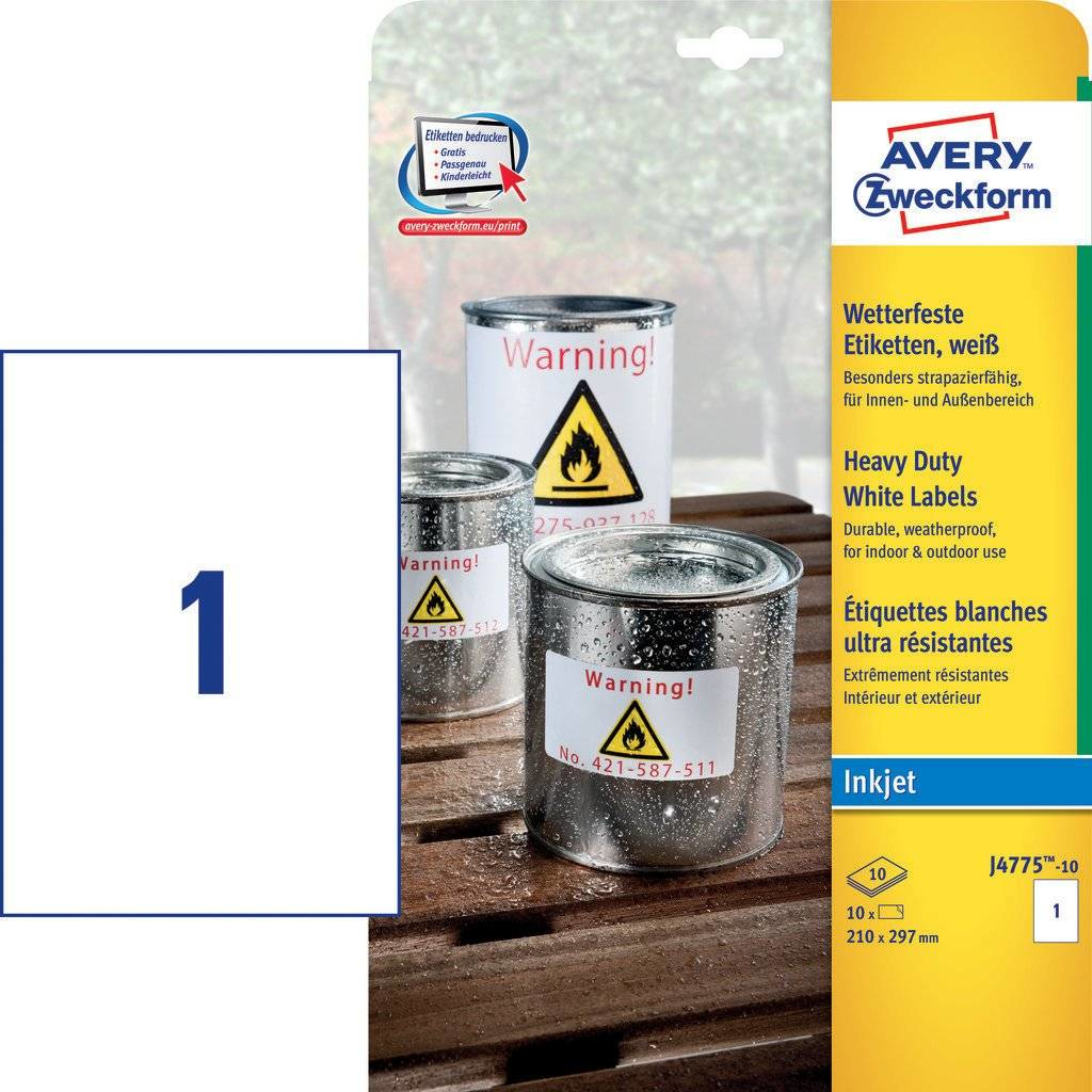 10 AVERY Zweckform wetterfeste Folienetiketten J4775-10 weiÃ 210,0 x 297,0 mm
