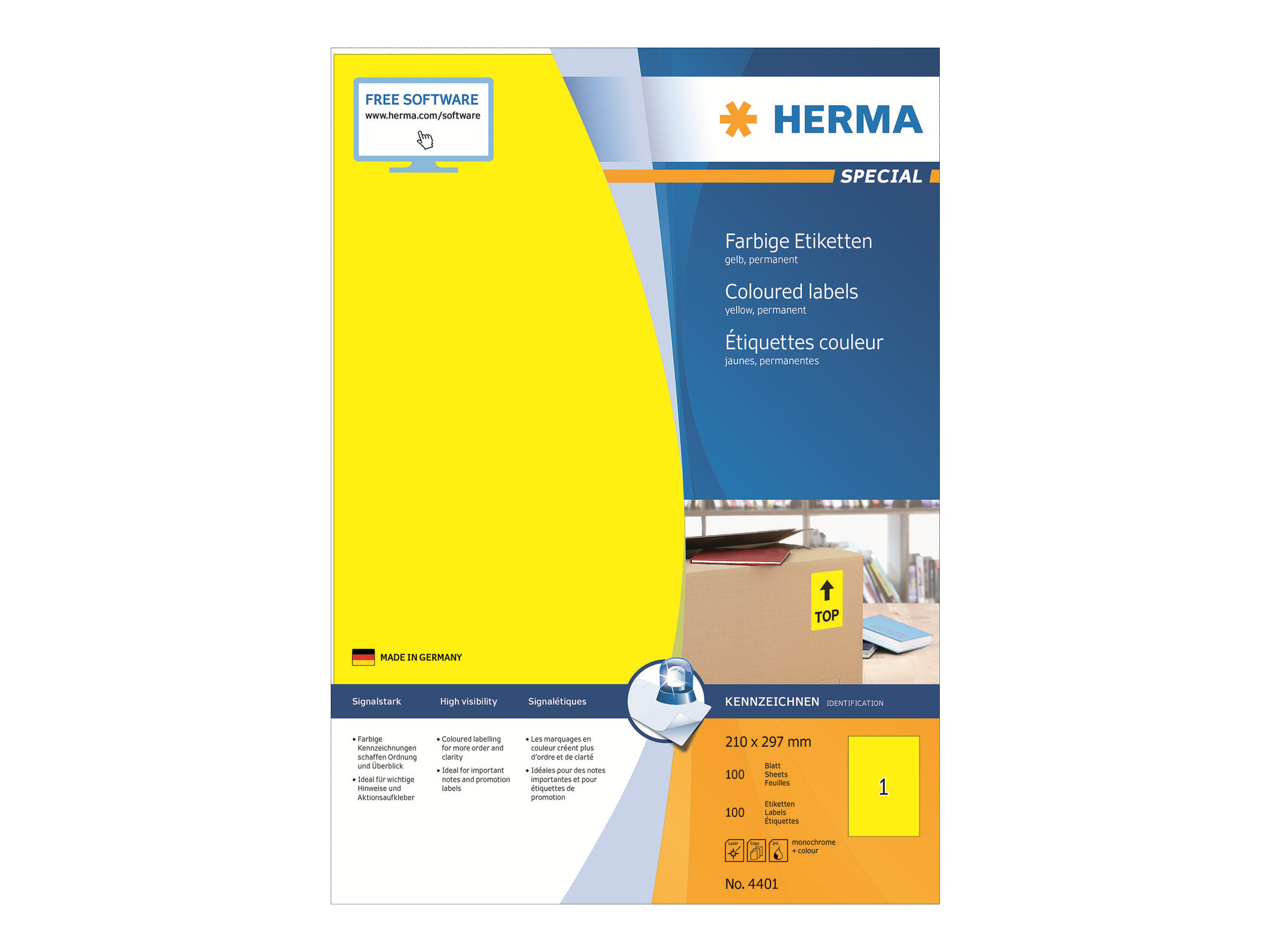 100 HERMA Etiketten 4401 gelb 210,0 x 297,0 mm