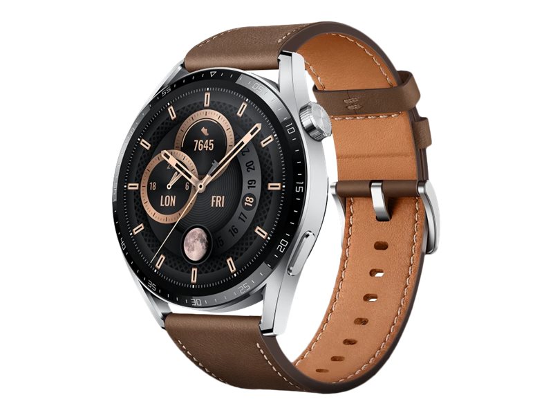Huawei Watch GT 3 - Classic Edition - 46 mm - Silver Edelstahl - intelligente Uhr mit Riemen - Leder - braun - Handgelenkgröße: 140-210 mm - Anzeige 3.6 cm (1.43")