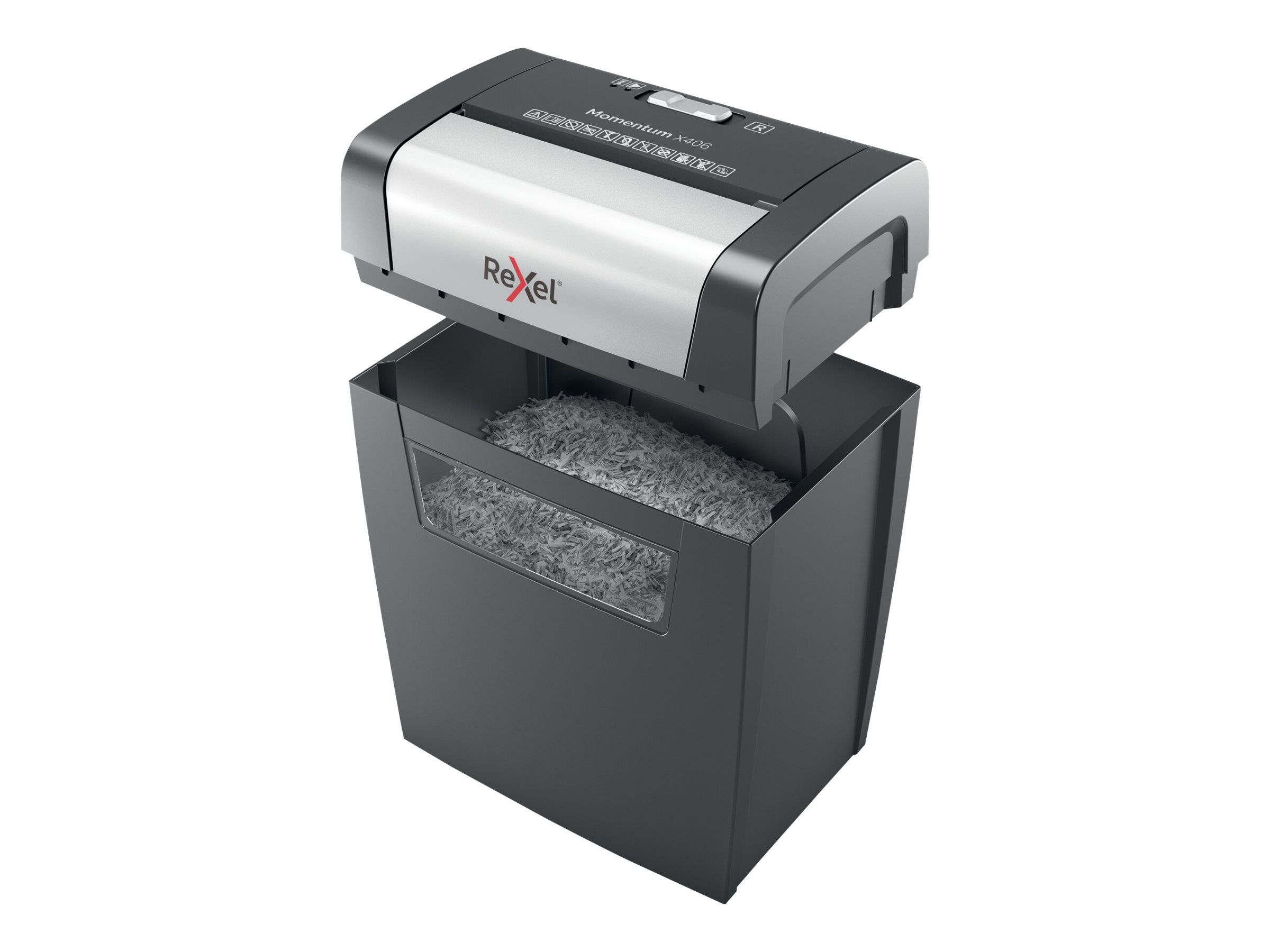 Rexel Momentum X406 Aktenvernichter mit Partikelschnitt P-4, 4 x 28 mm, bis 6 Blatt, schwarz Rexel Momentum X406 Aktenvernichter mit Partikelschnitt P-4, 4 x 28 mm, bis 6 Blatt, schwarz