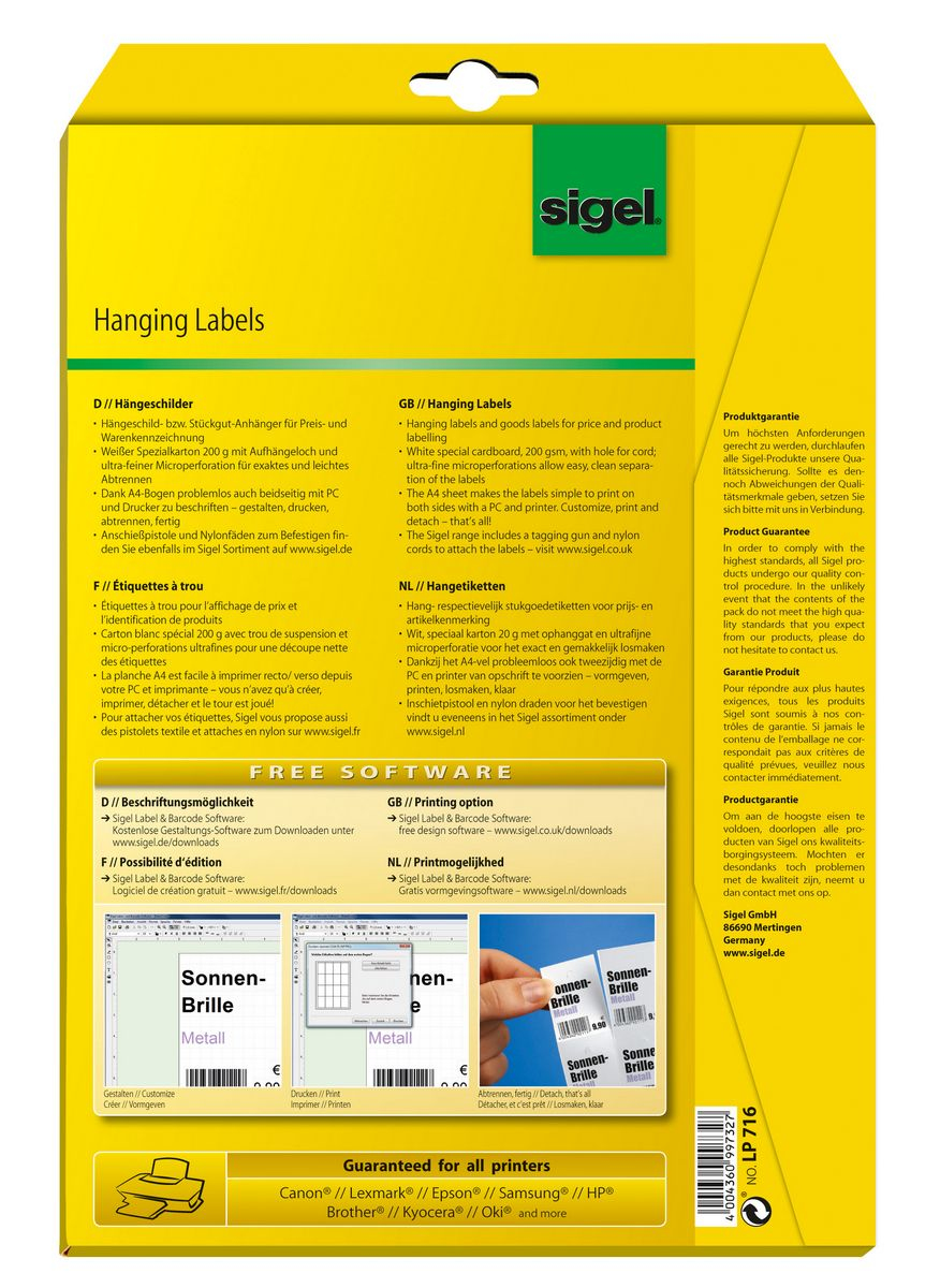 SIGEL Hängeetiketten weiß 38,0 x 55,0 mm blanko, 750 St