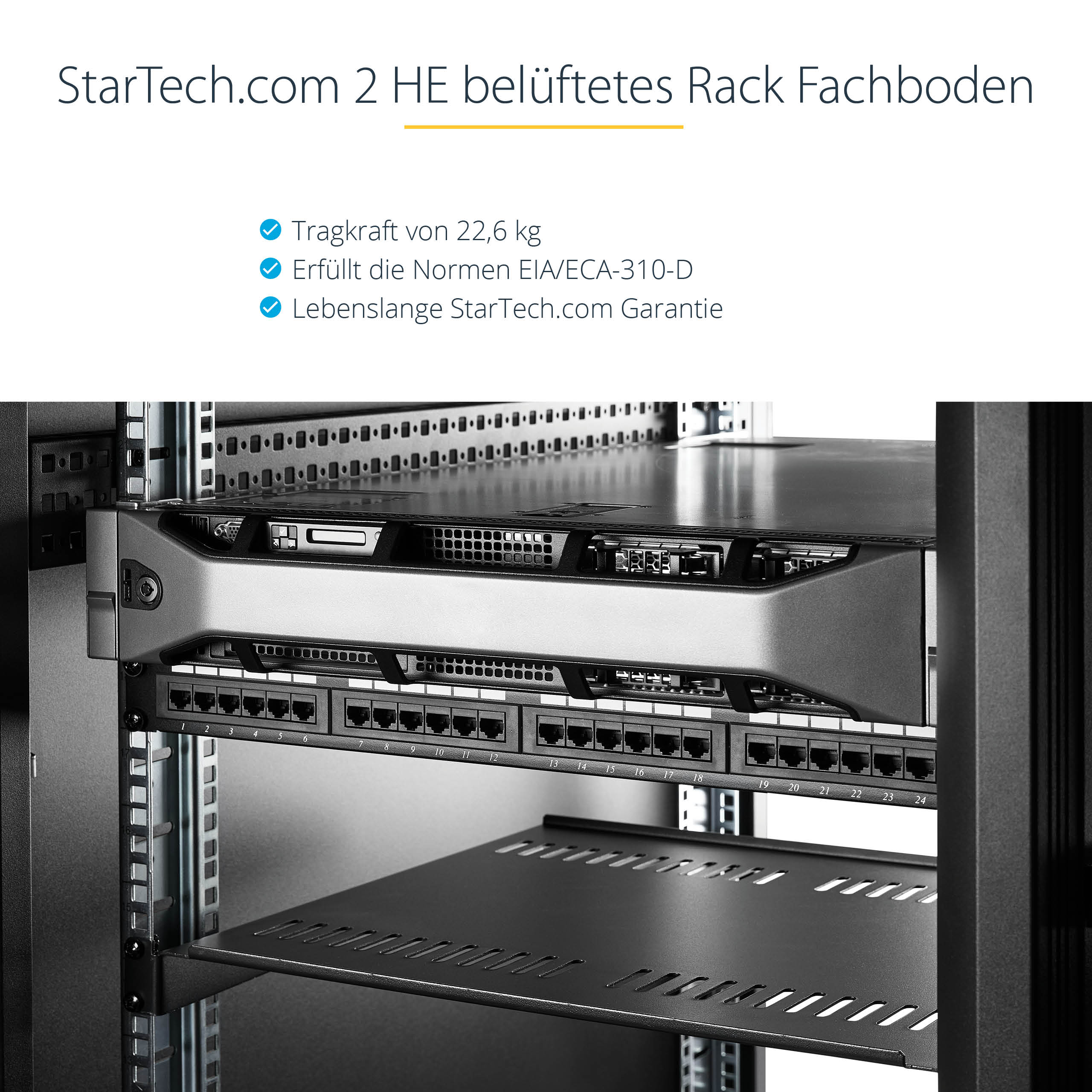 STARTECHCOM 2U 16in Universal Vented Rack Mount Cantilever Shelf Fixed Server Rack Cabinet Shelf 50lbs 22kg