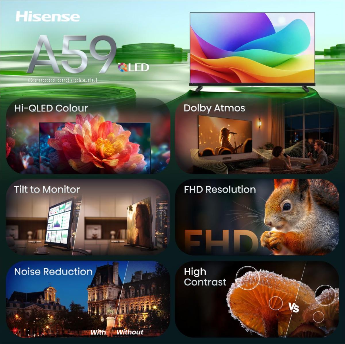 100,0cm/40" (1920x1080) Hisense 40A59S Smart TV FHD Hi-QLED 9,5ms 60Hz HDMI USB LAN HDR VESA WiFi Black