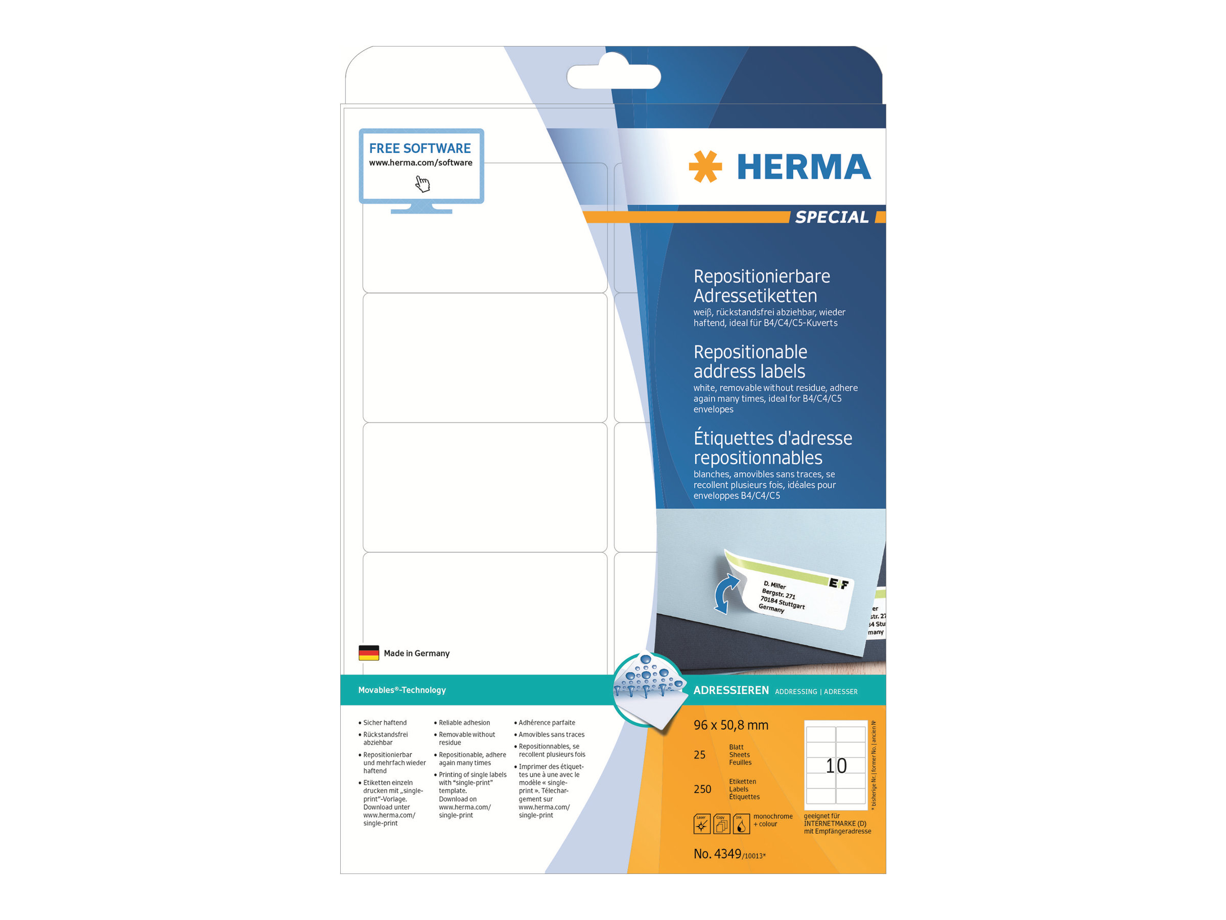 250 HERMA Adressetiketten 4349 weiss 96,0 x 50,8 mm 250 HERMA Adressetiketten 4349 weiss 96,0 x 50,8 mm