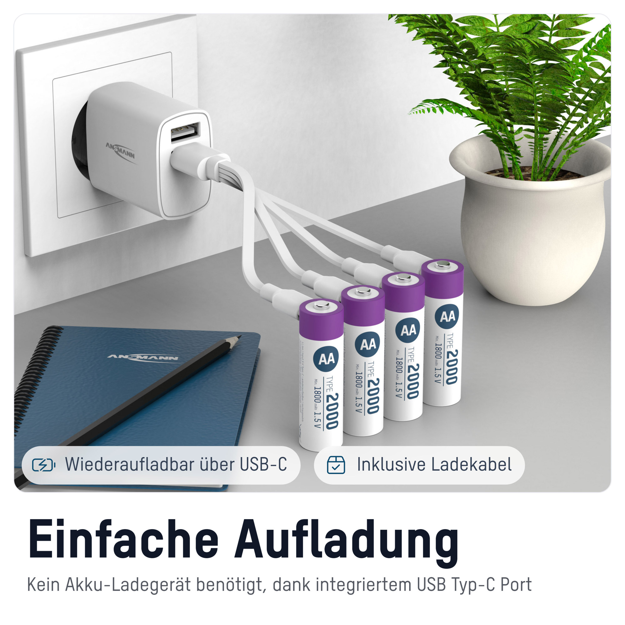 4 ANSMANN USB-Akkus mit Ladekabel 2000 Mignon AA 1.800 mAh