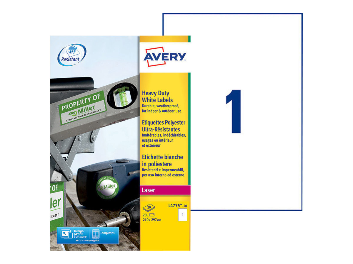 20 AVERY Zweckform wetterfeste Folienetiketten L4775-20 weiss 210,0 x 297,0 mm 20 AVERY Zweckform wetterfeste Folienetiketten L4775-20 weiss 210,0 x 297,0 mm