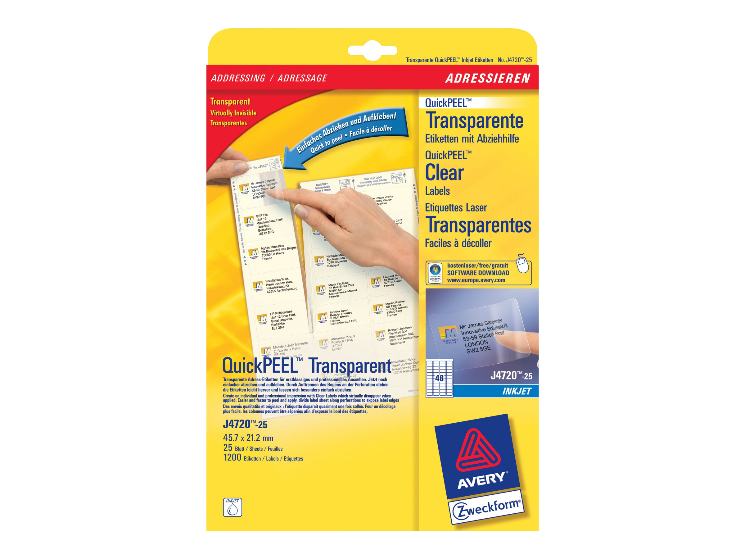 1.200 AVERY Zweckform Folien-Adressetiketten J4720-25 transparent 45,7 x 21,2 mm