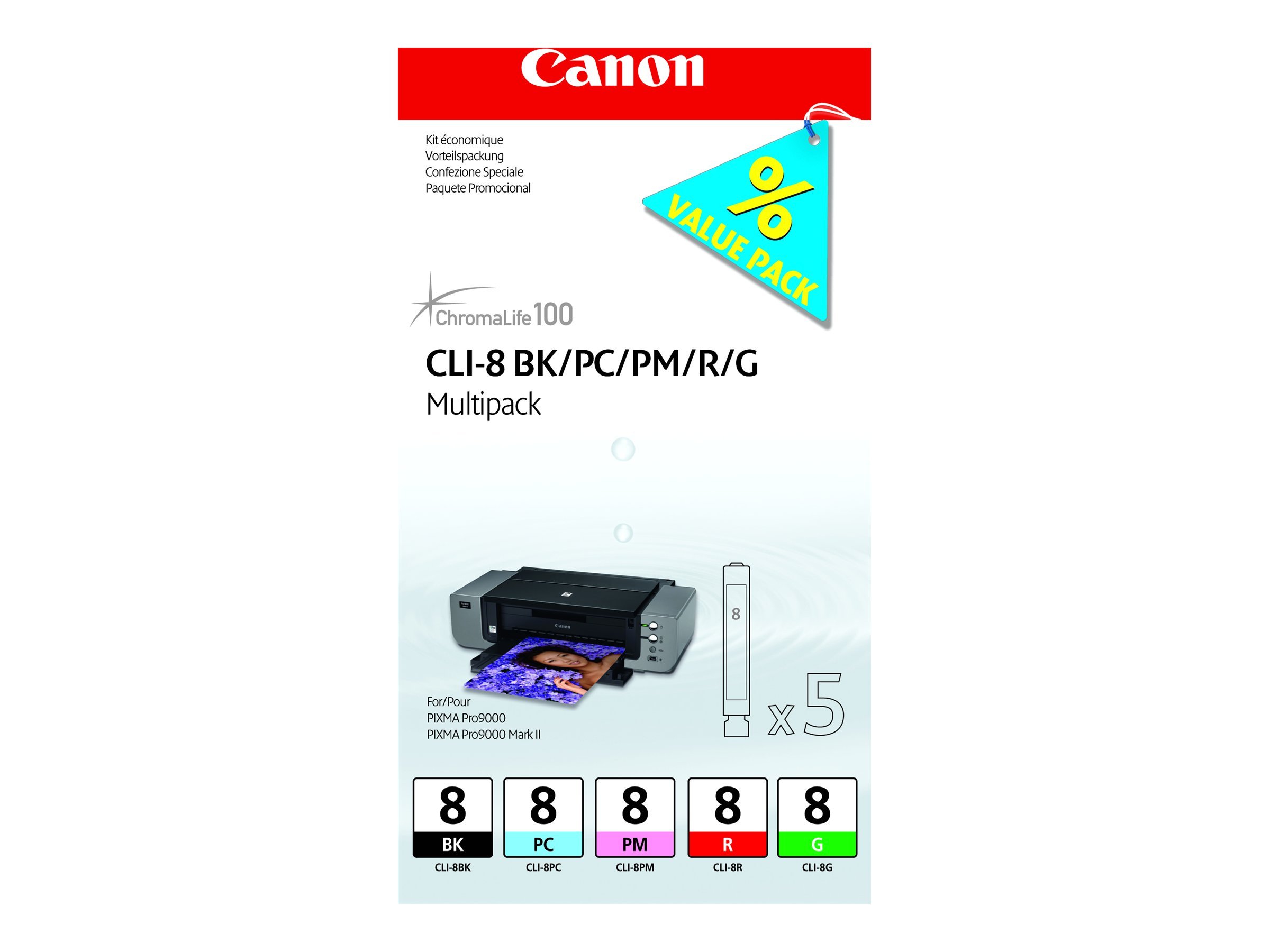 CANON CLI-8 BK, PC, PM, R, G Tinte schwarz und vier Farben Standardkapazität combopack blister mit Alarm CANON CLI-8 BK, PC, PM, R, G Tinte schwarz und vier Farben Standardkapazität combopack blister mit Alarm