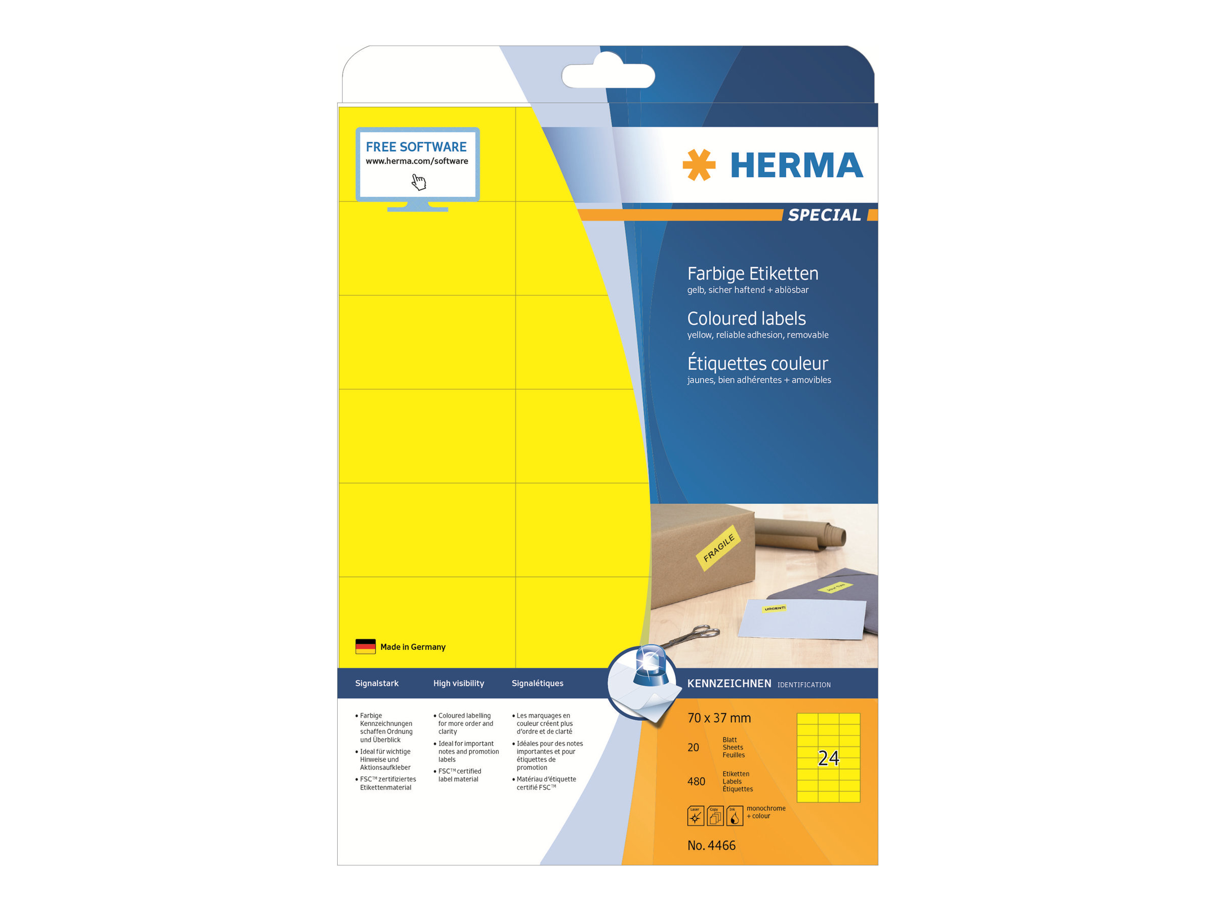 480 HERMA Etiketten 4466 gelb 70,0 x 37,0 mm