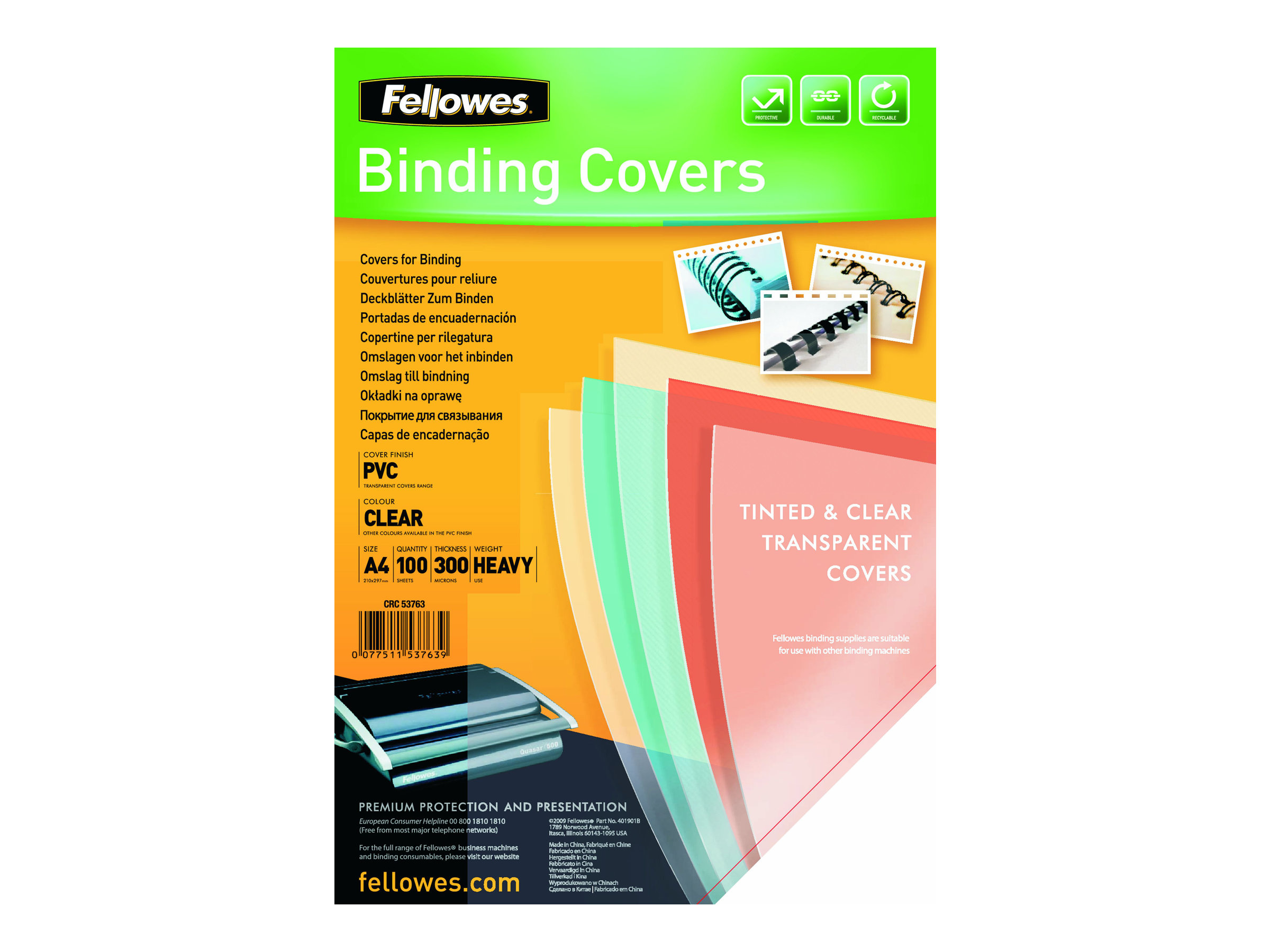 Fellowes Deckfolien fuer Bindemappen transparent, DIN A4 0,3 mm, 100 St