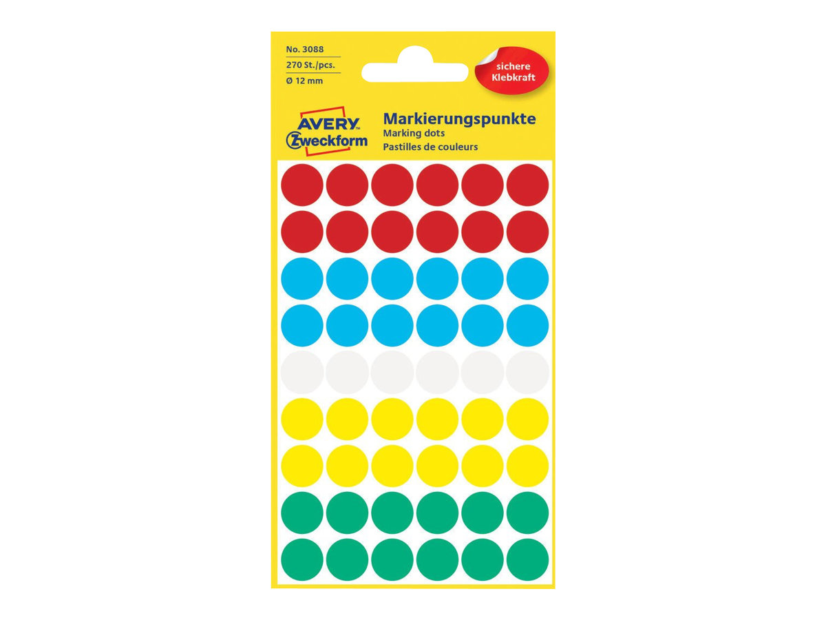 AVERY Zweckform Klebepunkte 3088 farbsortiert Ø 12,0 mm, 270 St. AVERY Zweckform Klebepunkte 3088 farbsortiert Ø 12,0 mm, 270 St.