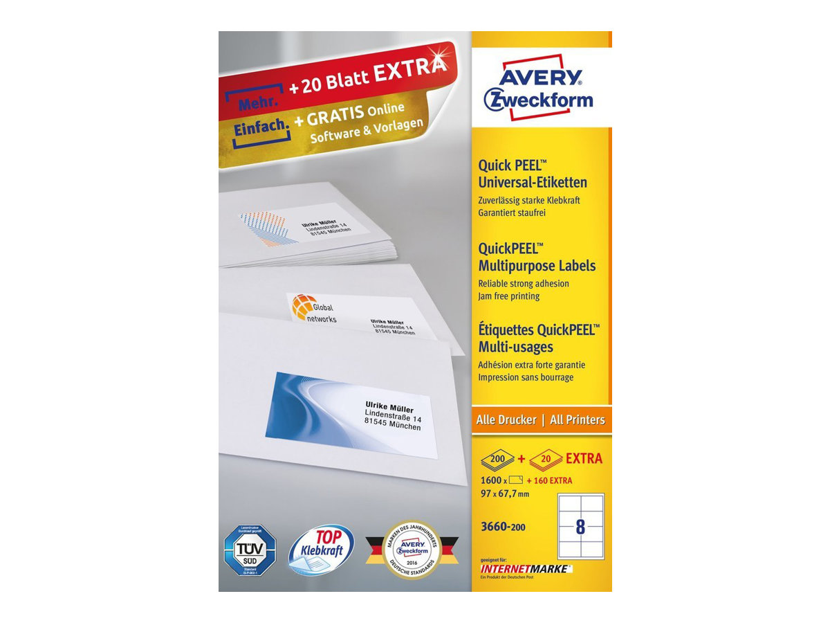 1.760 AVERY Zweckform Etiketten 3660-200 weiÃ 97,0 x 67,7 mm