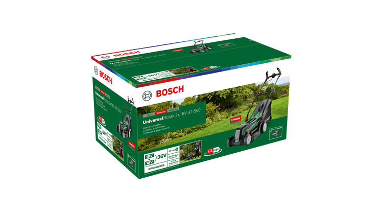 BOSCH Home Garden UniversalRotak 2x18V37550 AkkuRasenmaeher 18,0 V fuer bis zu 550 m², mit 2 Akkus