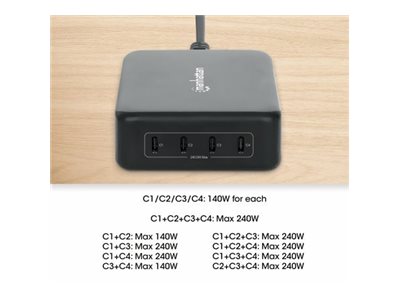MANHATTAN 4-Port GaN USB Power Delivery-Ladestation PD 3.1 Vier USB-C PD-Ports mit bis zu 140W pro Port 240 W Gesamtleistung schwarz