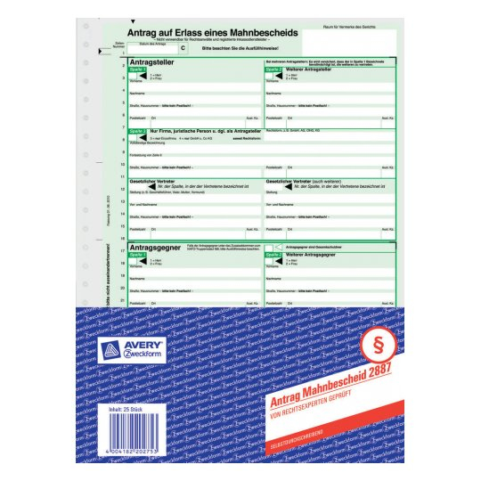 25 AVERY Zweckform Mahnbescheid fÃ¼r maschinelle Bearbeitung Formulare 2887