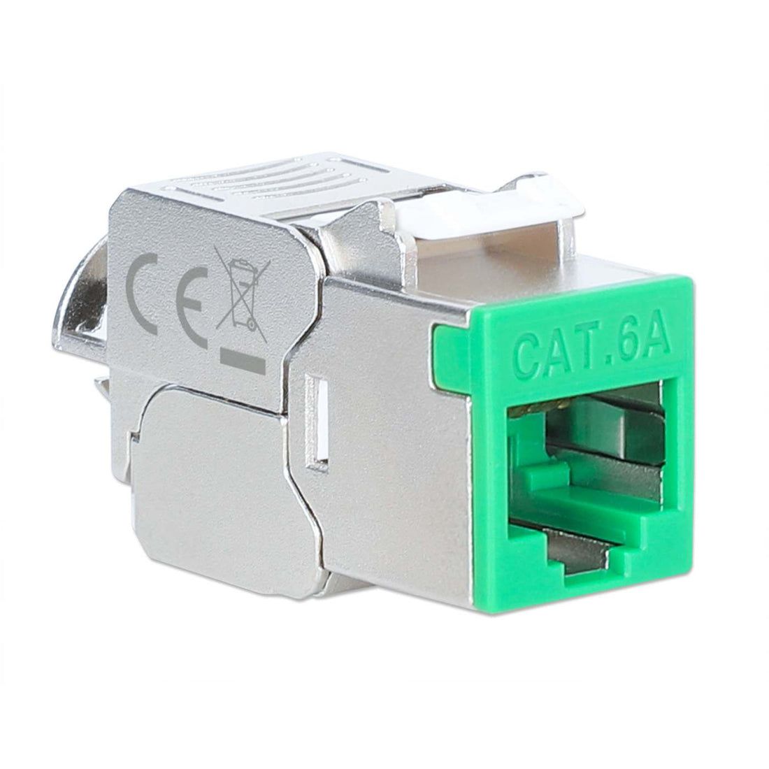 INTELLINET Cat6a 10G Slimline KeystoneModul STP werkzeuglos mit Rastclip für Massivdraht vergoldete Kontakte Metallgehäuse grün