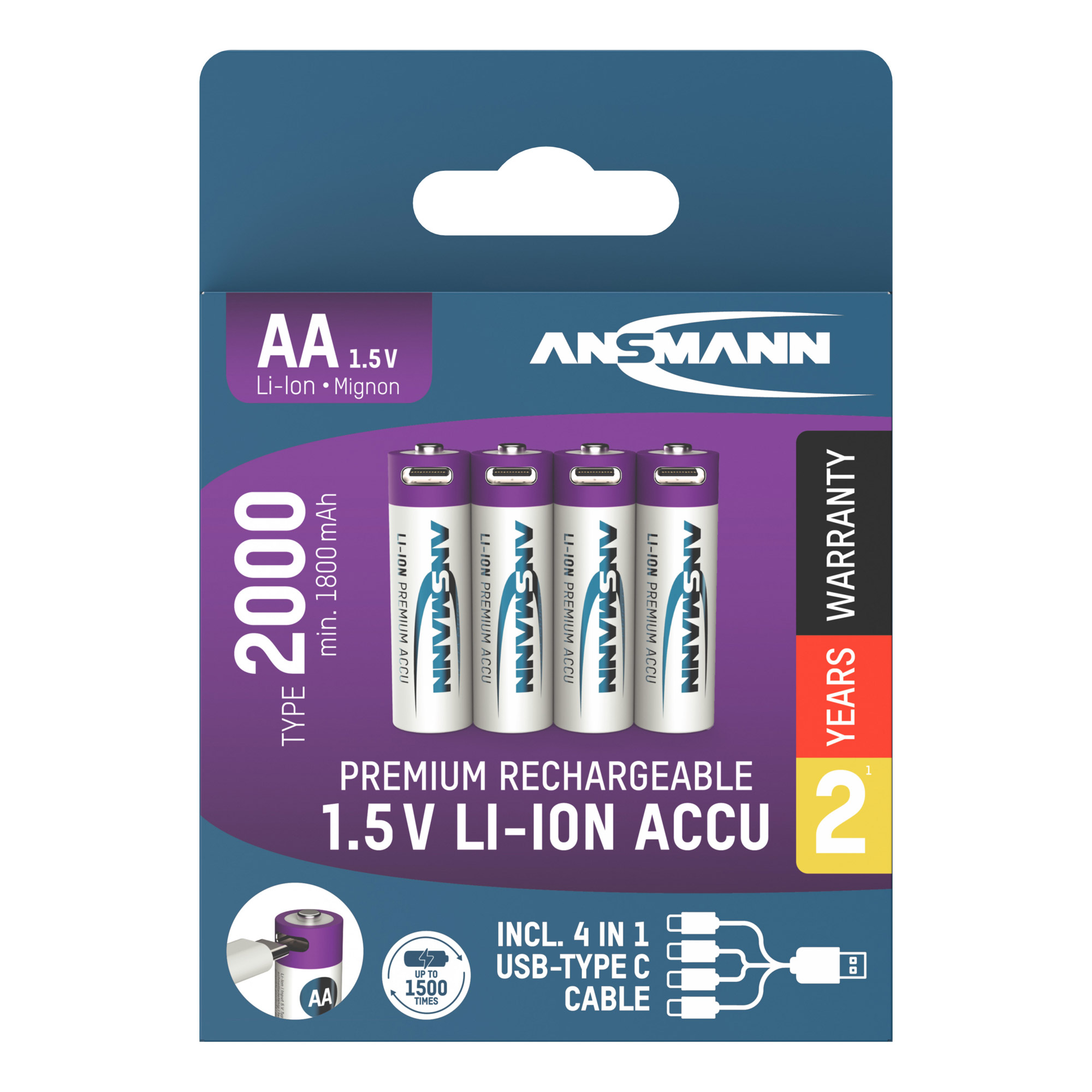 4 ANSMANN USB-Akkus mit Ladekabel 2000 Mignon AA 1.800 mAh