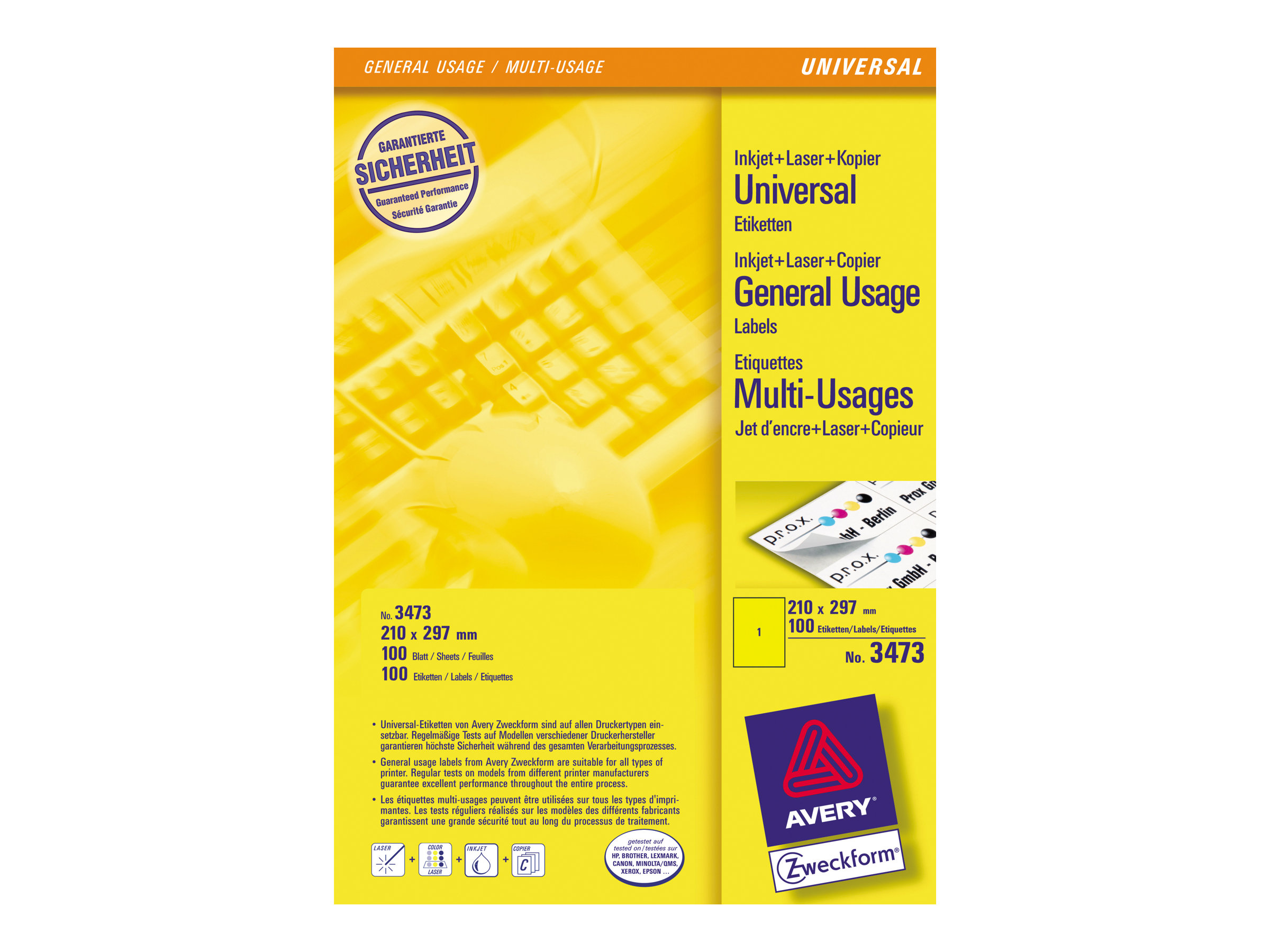 100 AVERY Zweckform Etiketten 3473 gelb 210,0 x 297,0 mm
