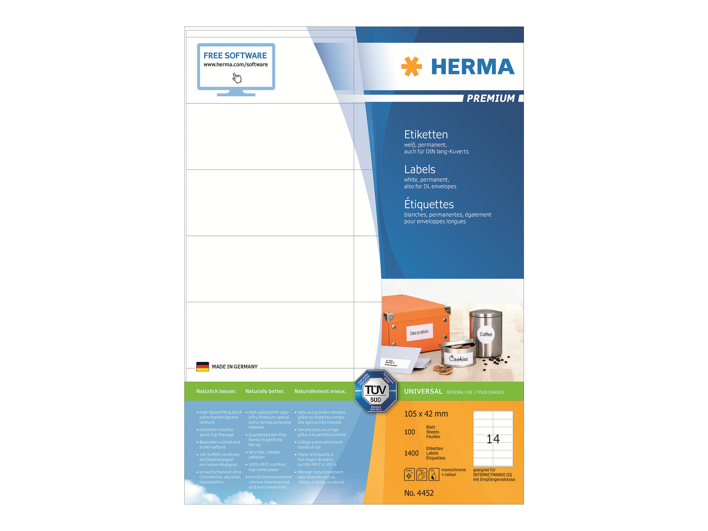 1.400 HERMA Etiketten 4452 weiÃ 105,0 x 42,0 mm