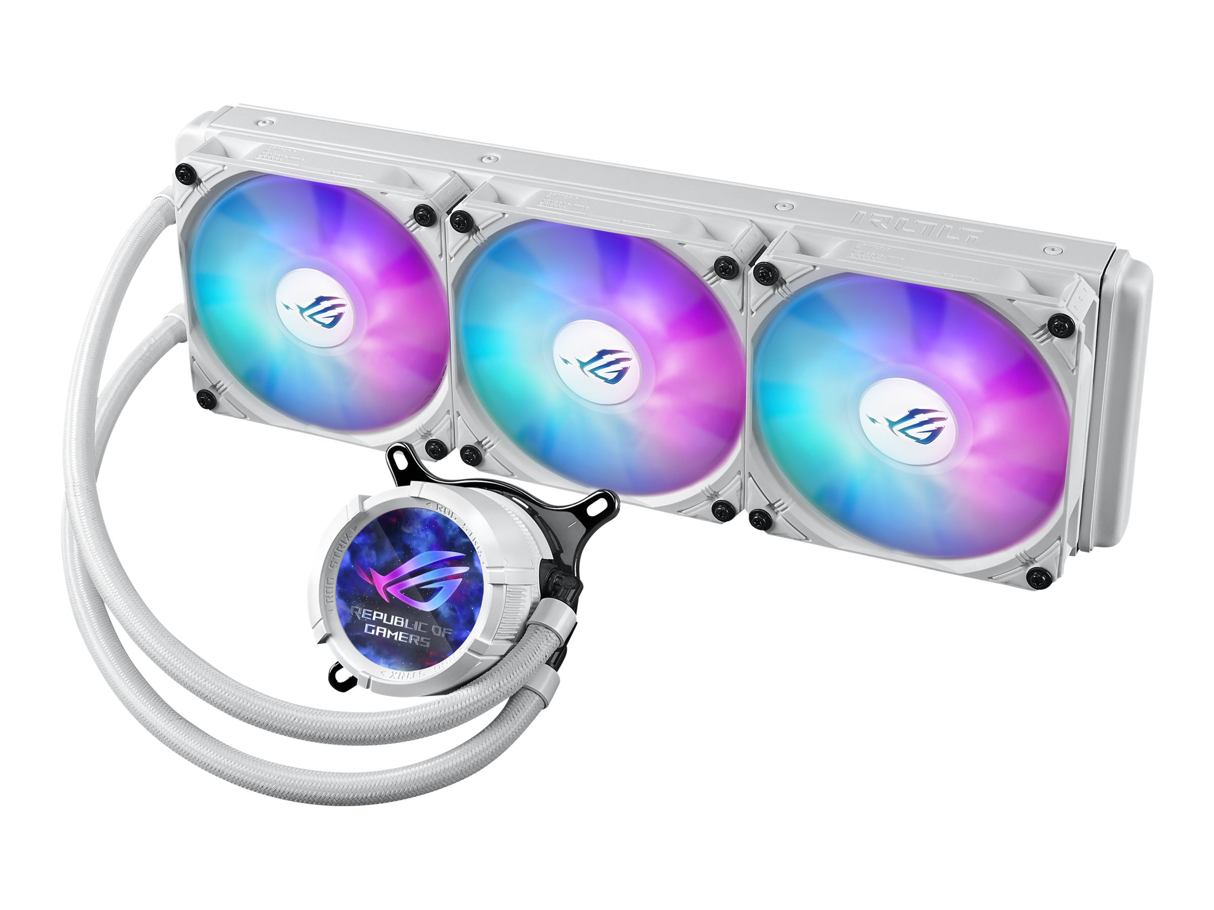 ASUS ROG Strix LC III ARGB LCD WHT allinone CPU liquid cooler with 21 IPS LCD Aseteks new Gen7 v2 pump and premium ROG ARGB fans