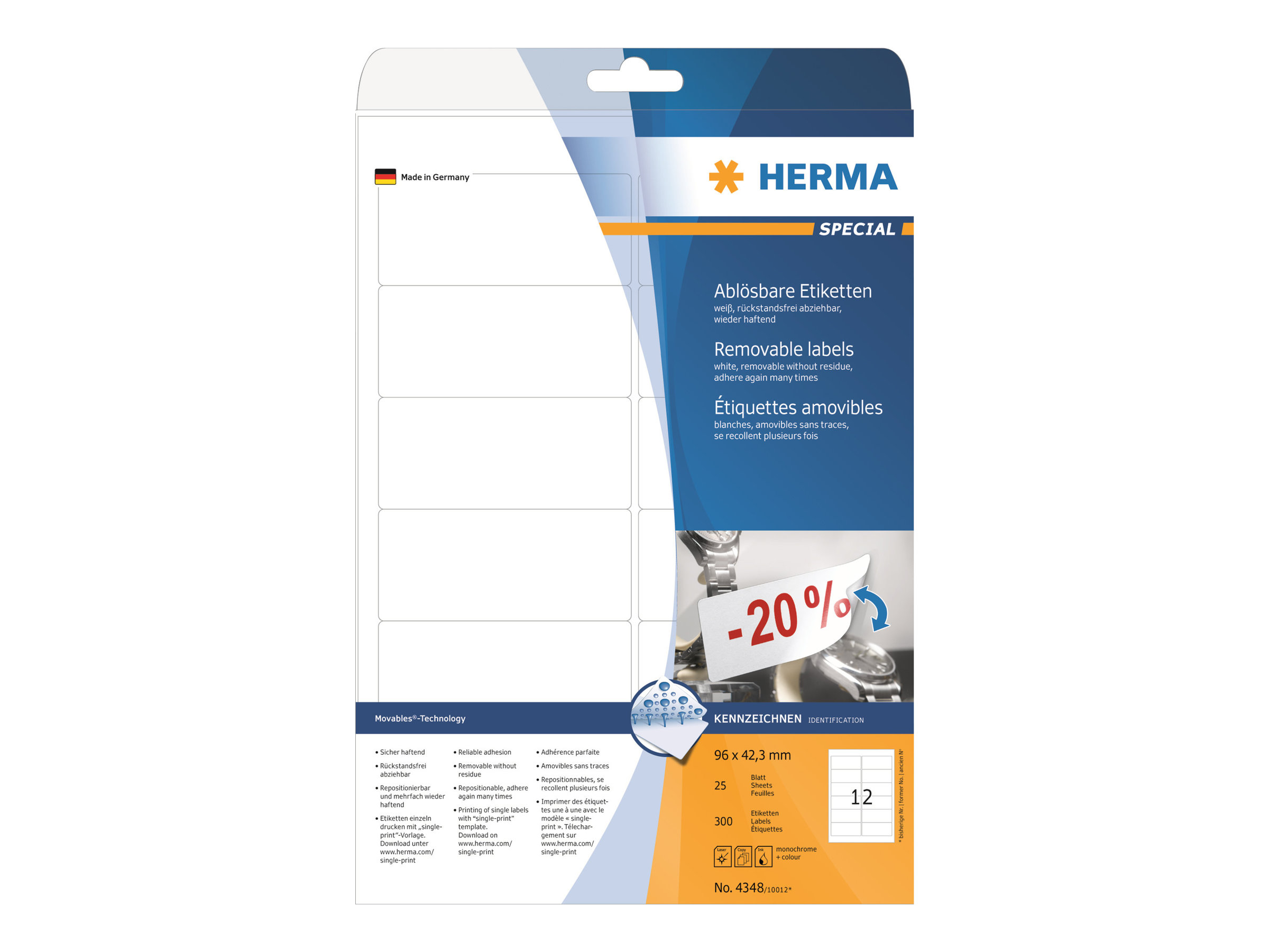 300 HERMA Etiketten 4348 weiss 96,0 x 42,3 mm 300 HERMA Etiketten 4348 weiss 96,0 x 42,3 mm