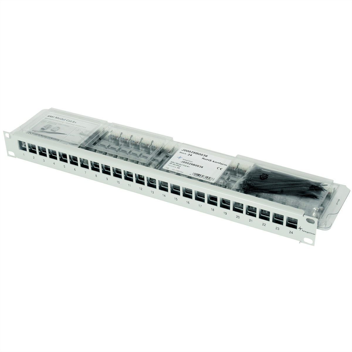 TGT PatchpanelModular 19 1HE RAL7035 inkl. 24xAMJ-Module K Cat.6A
