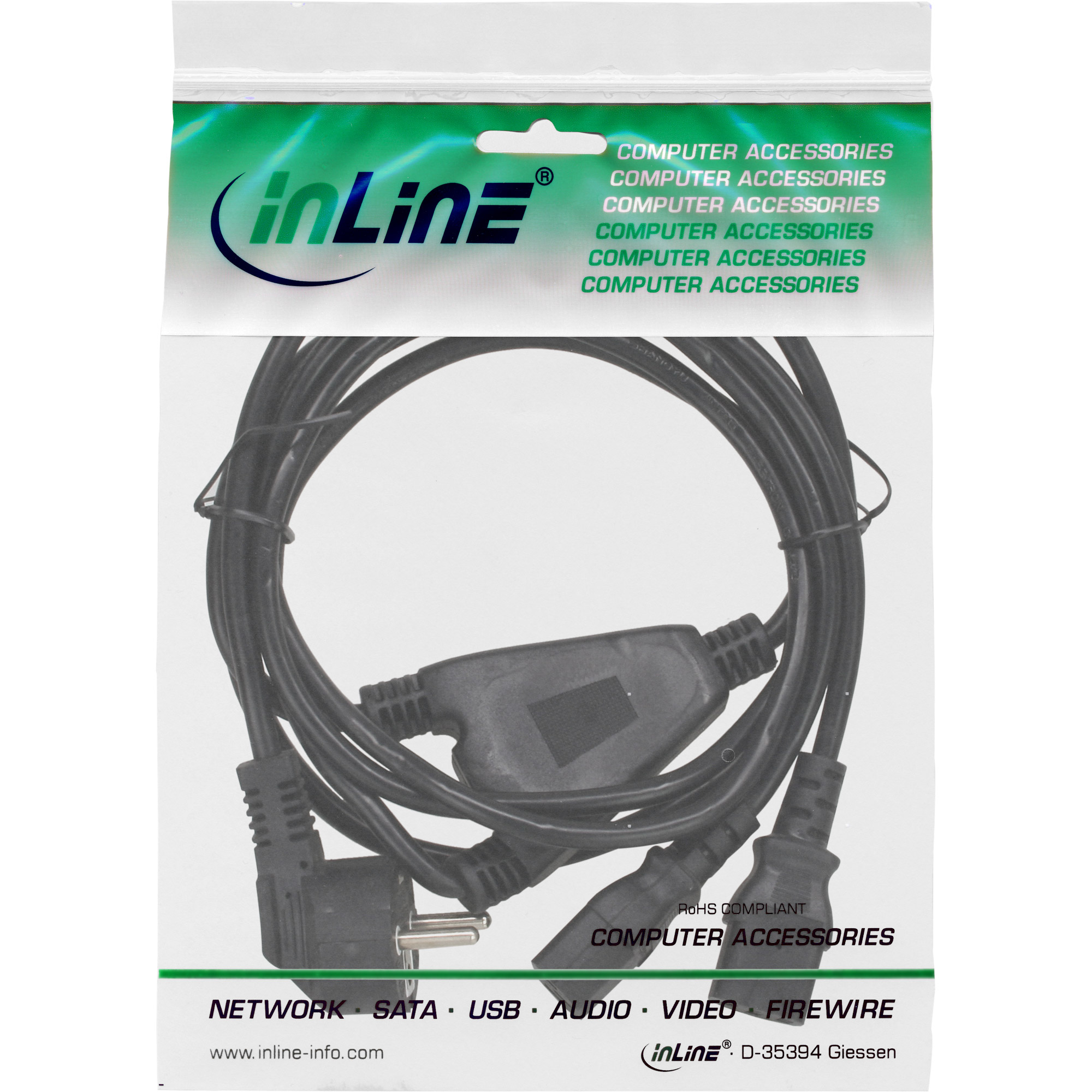 INLINE Netz-Y-Kabel 1x Schukostecker auf 2x Kaltgeraetestecker 1,8m