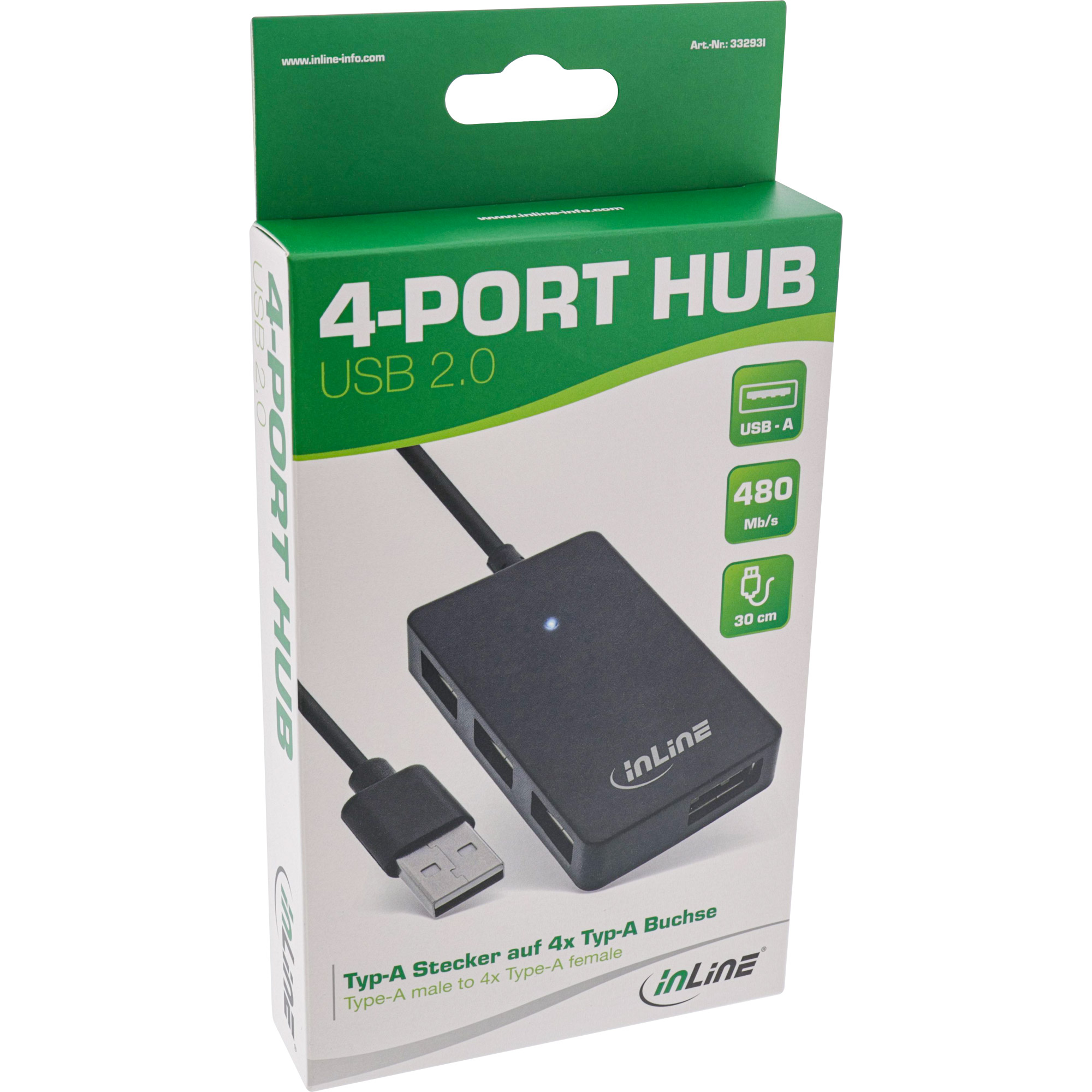 INLINE USB 2.0 HUB 4 Port schwarz mit Kabel 30cm