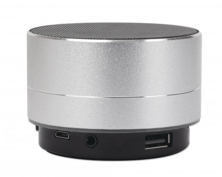 MANHATTAN Metallic LEDBluetoothLautsprecher buntes Licht Bedienelemente USBAPort MicroSDKartenslot 3,5mmKlinkenbuchse silber