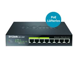 D-LINK DGS-1008P 8-Port Layer2 PoE Gigabit unm. Switch 8x 10/100/1000 Mbit/s BaseT Port (4x PoE+ Ports) 68W lüfterlos Metallgehäuse