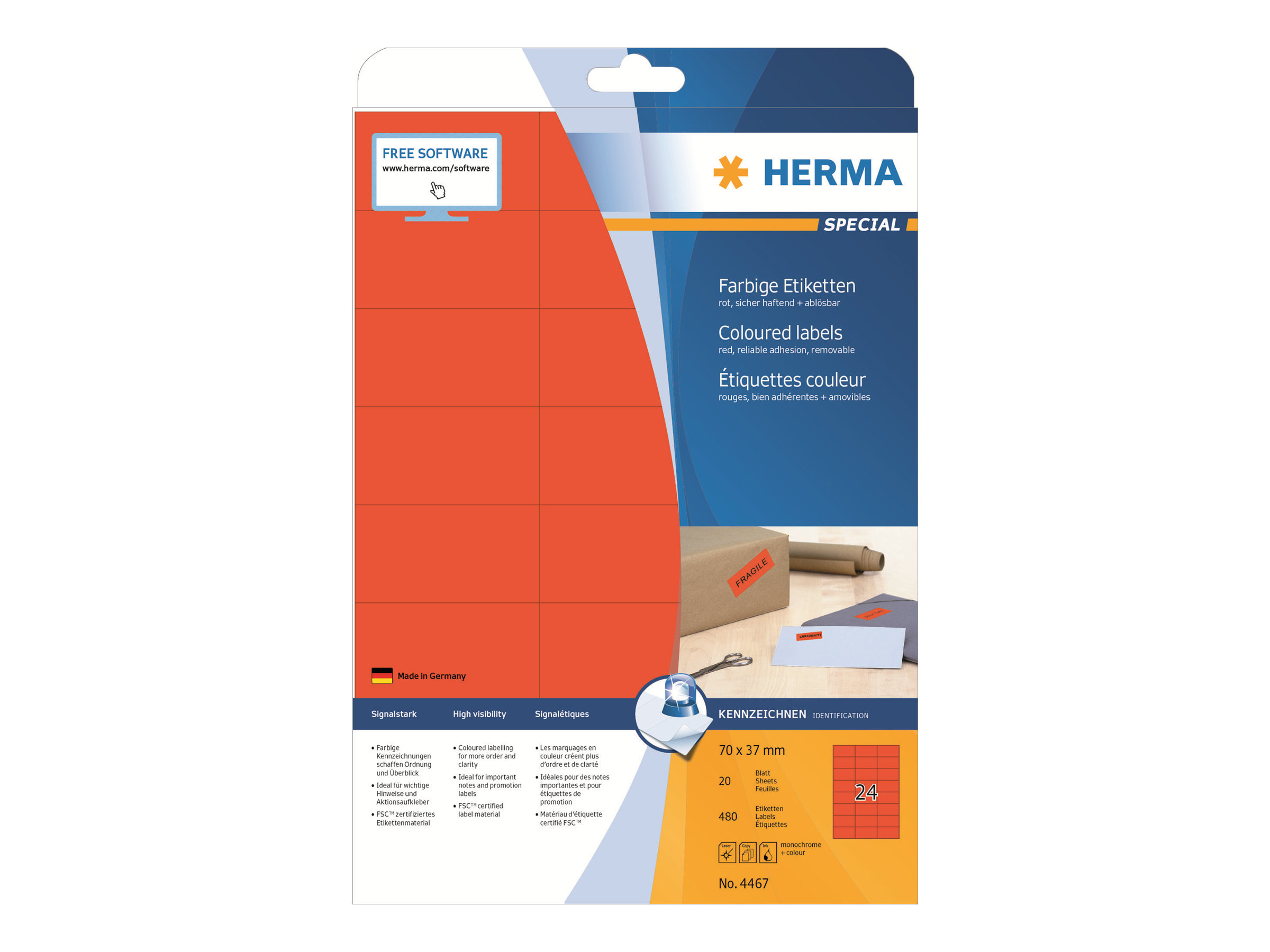 480 HERMA Etiketten 4467 rot 70,0 x 37,0 mm