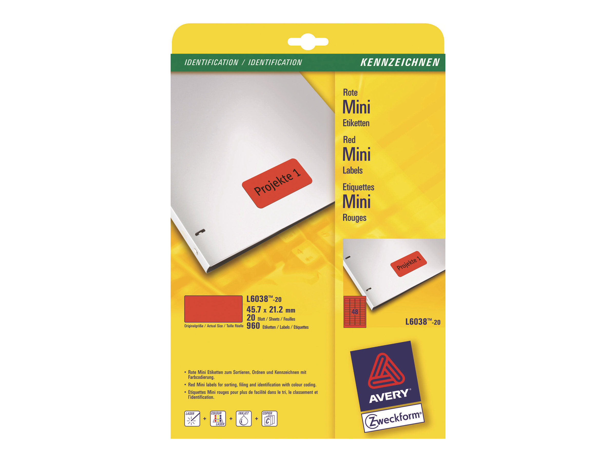 960 AVERY Zweckform Etiketten L6038-20 rot 45,7 x 21,2 mm 960 AVERY Zweckform Etiketten L6038-20 rot 45,7 x 21,2 mm