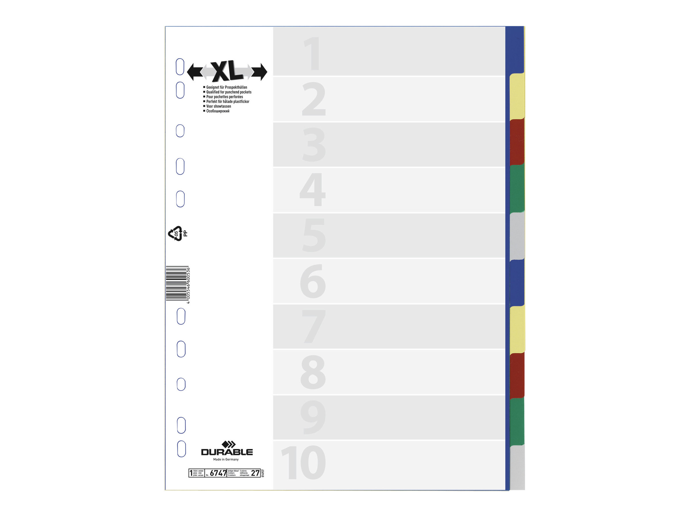 DURABLE Ordnerregister Vollformat, ueberbreite blanko blau, gelb, rot, gruen, grau 10-teilig, 1 Satz DURABLE Ordnerregister Vollformat, ueberbreite blanko blau, gelb, rot, gruen, grau 10-teilig, 1 Satz