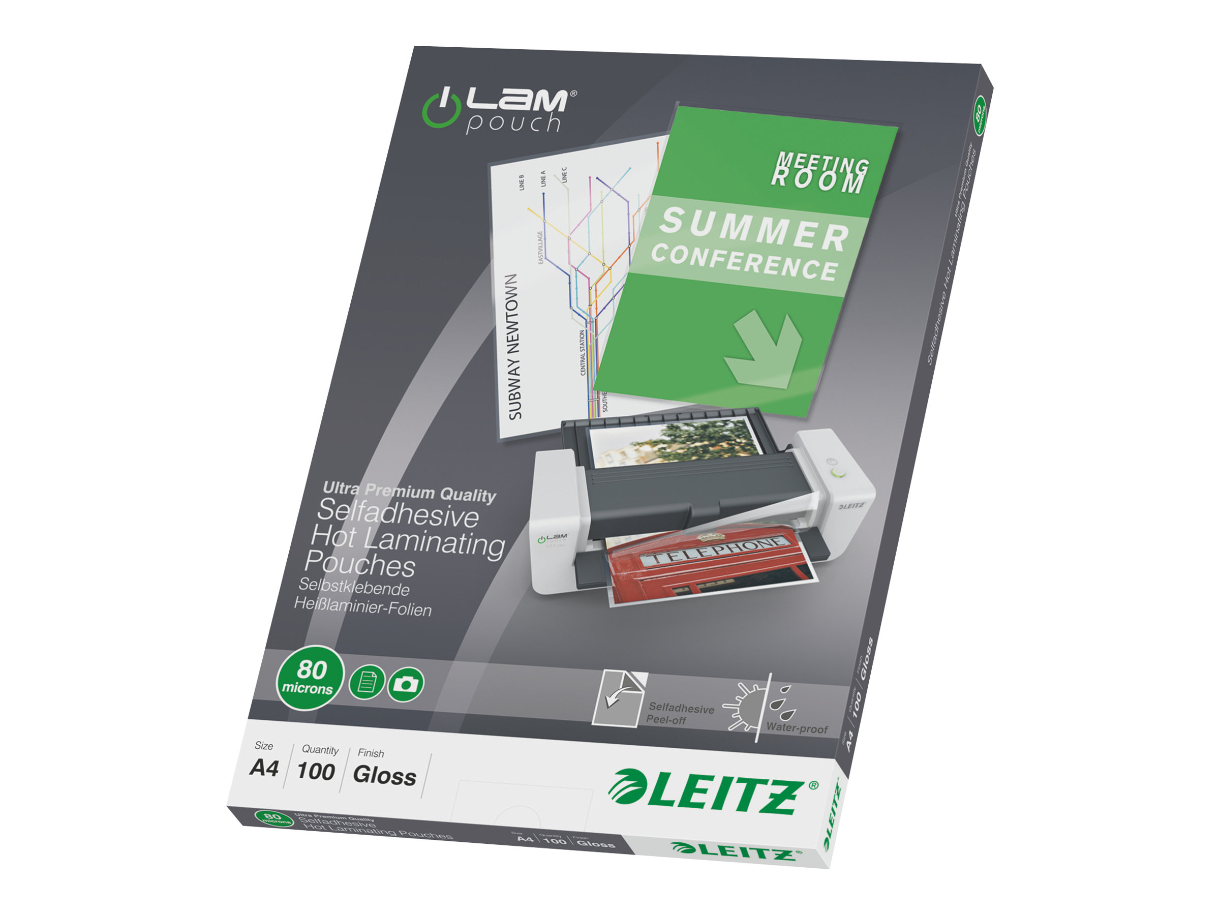 100 LEITZ Laminierfolien glÃ¤nzend fÃ¼r A4 80 micron selbstklebender RÃ¼cken