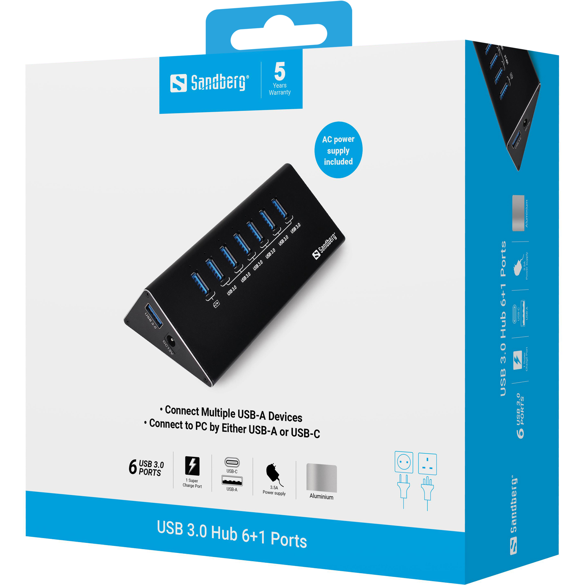 SANDBERG USB 30 Hub 7 ports Siebmal USB 30 Ausgaenge Ueberlastungsschutz 1m USB 30 Kabel und 230V Netzteil im Lieferumfang