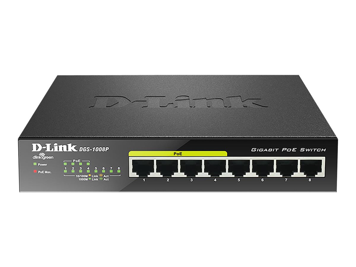 D-LINK DGS-1008P 8-Port Layer2 PoE Gigabit unm. Switch 8x 10/100/1000 Mbit/s BaseT Port (4x PoE+ Ports) 68W lüfterlos Metallgehäuse