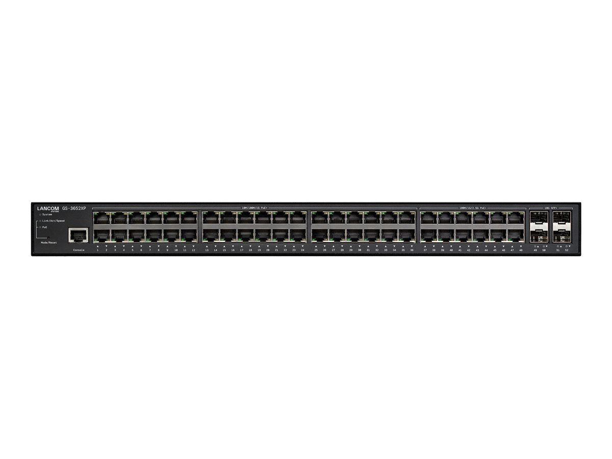 LANCOM GS-3652XP Managed L3-Lite Multi-Gig PoE+802.3at Switch 36x 1GE PoE+ / 12x 2,5GE PoE+ / 4x 10G SFP+ Ports 212GBit/s LANCOM GS-3652XP Managed L3-Lite Multi-Gig PoE+802.3at Switch 36x 1GE PoE+ / 12x 2,5GE PoE+ / 4x 10G SFP+ Ports 212GBit/s