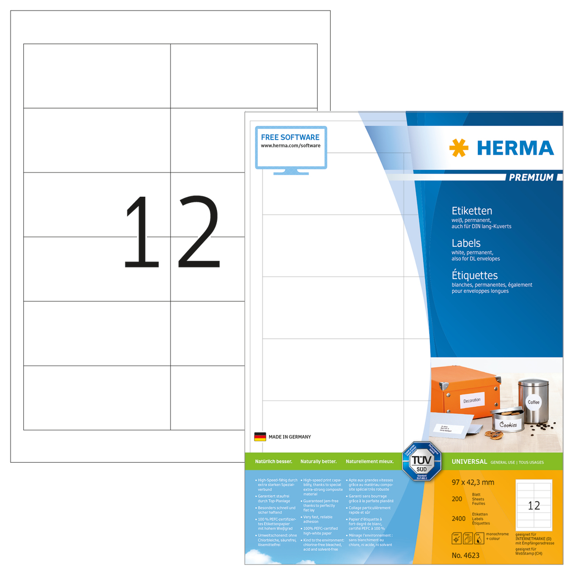2.400 HERMA Etiketten 4623 weiss 97,0 x 42,3 mm
