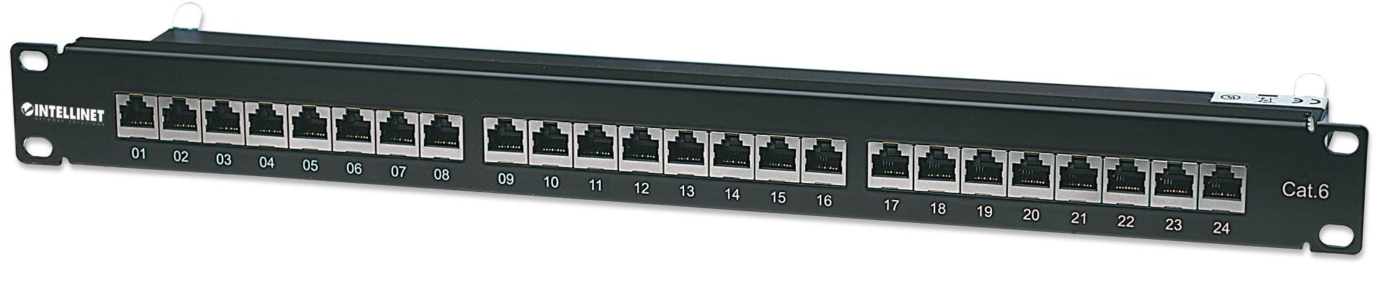 INTELLINET Cat6 Patchpanel geschirmt 24 Ports FTP 1 HE Klemmleisten mit 90 Grad abgewinkelten Kabeleinfuehrungen