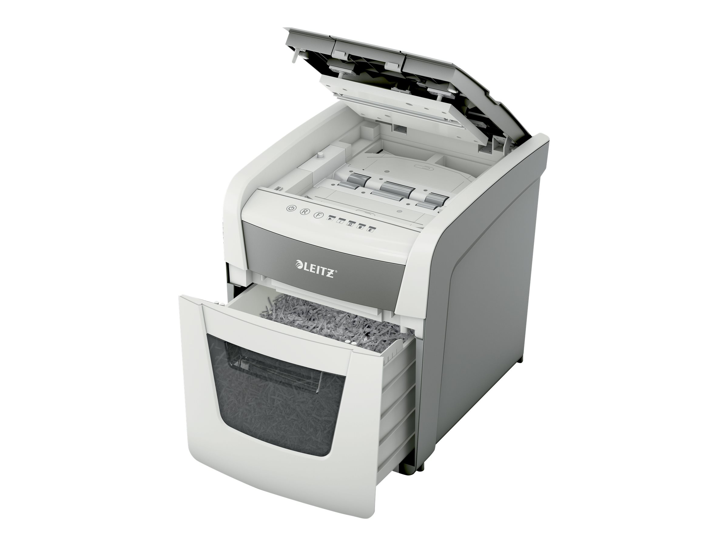 LEITZ IQ Autofeed Small Office 50 Aktenvernichter mit Partikelschnitt P-4, 4 x 28 mm, bis 50 Blatt, weiss