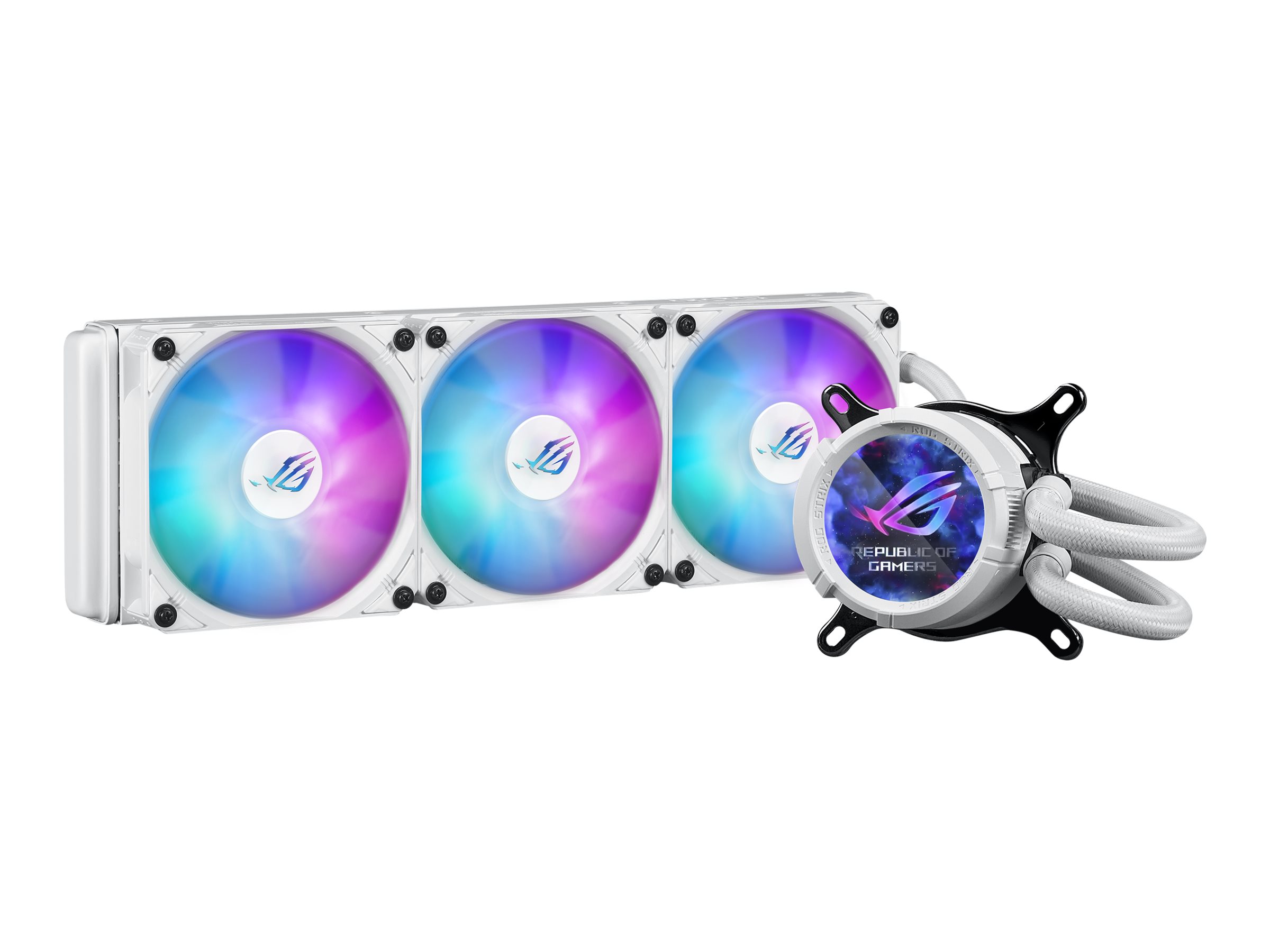 ASUS ROG Strix LC III ARGB LCD WHT allinone CPU liquid cooler with 21 IPS LCD Aseteks new Gen7 v2 pump and premium ROG ARGB fans